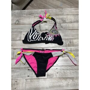 Volcom Miss Bikini Set Neon Pink Yellow Black PolkaDot Triangle Small /Med